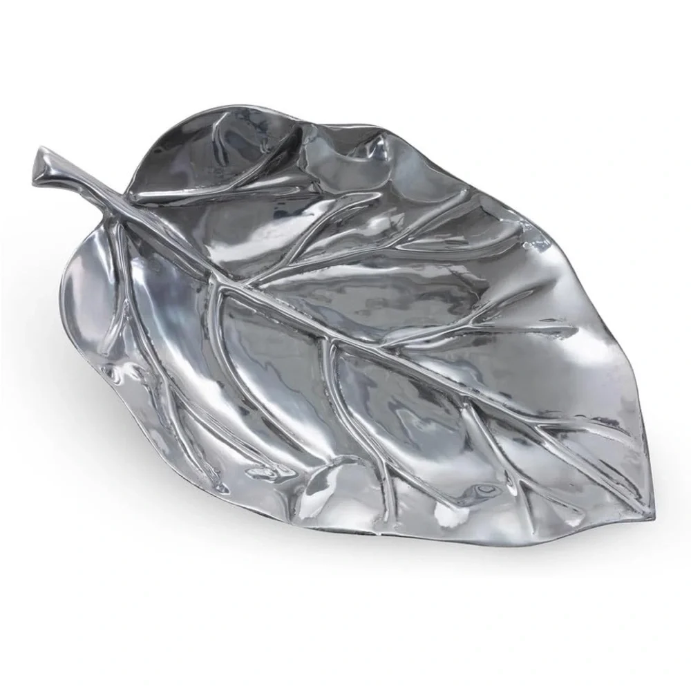 Large Pewter Leaf-Shaped Footed Decorative Tray Platter Approximately 24” x 13”